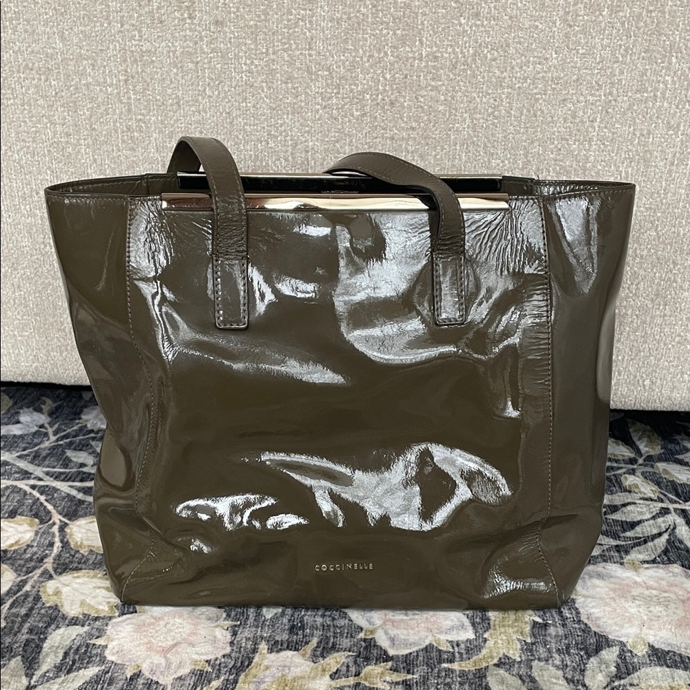 Coccinelle Shiny Olive Green Tote Bag As Is
